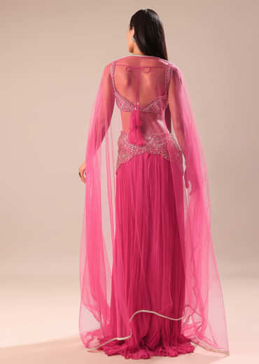 Crimson Red Palazzo With Embroidered Blouse And Cape