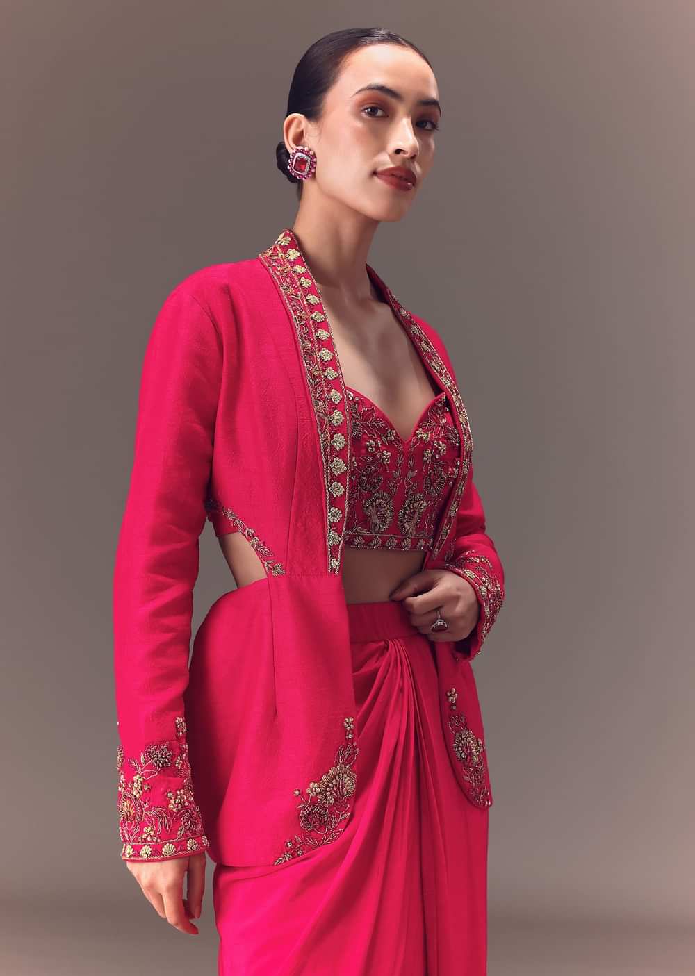 Hot Pink Hand Embellished Blouse With Jacket And Draped Skirt