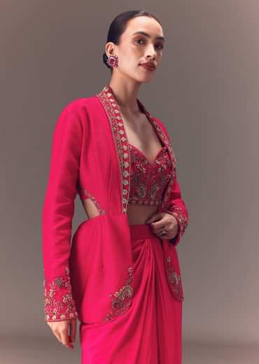 Hot Pink Hand Embellished Blouse With Jacket And Draped Skirt
