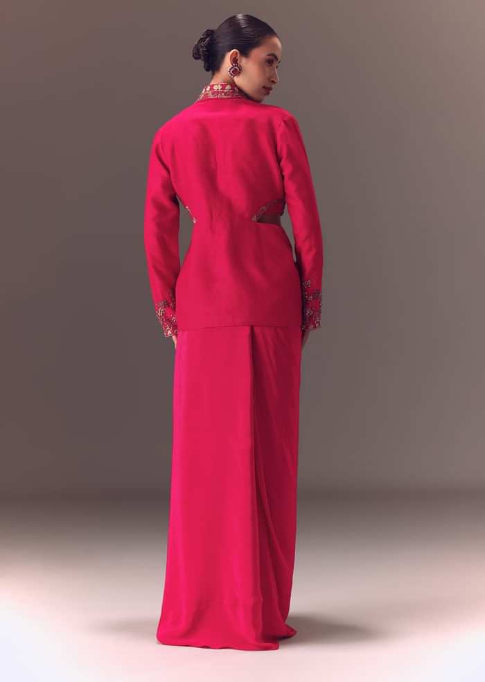 Hot Pink Hand Embellished Blouse With Jacket And Draped Skirt