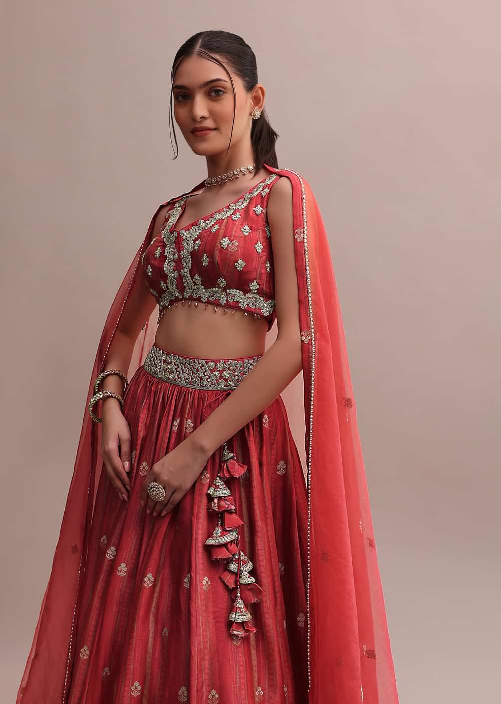 Crimson Red Zardosi Embroidered Choli Lehenga Set With A Net Dupatta