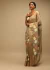 Croissant Gold Saree In Zari Kota Silk With Multi Colored Resham Embroidered Flowers On The Border