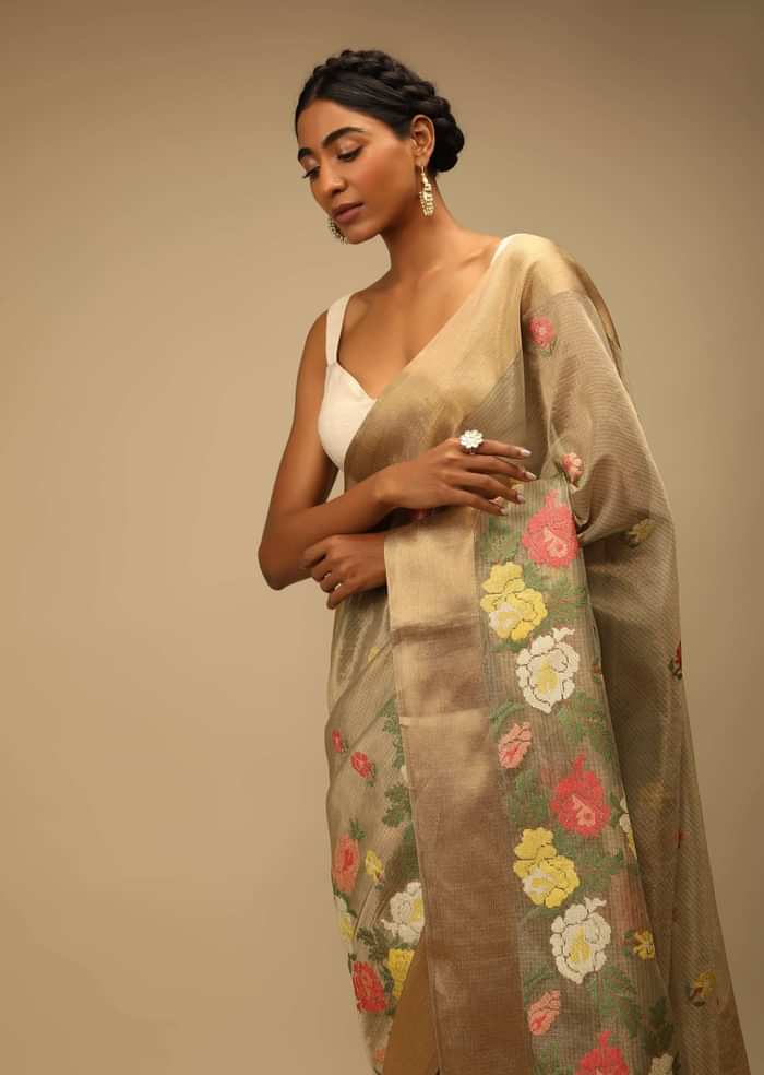 Croissant Gold Saree In Zari Kota Silk With Multi Colored Resham Embroidered Flowers On The Border
