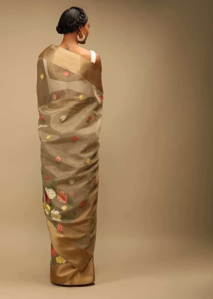 Croissant Gold Saree In Zari Kota Silk With Multi Colored Resham Embroidered Flowers On The Border
