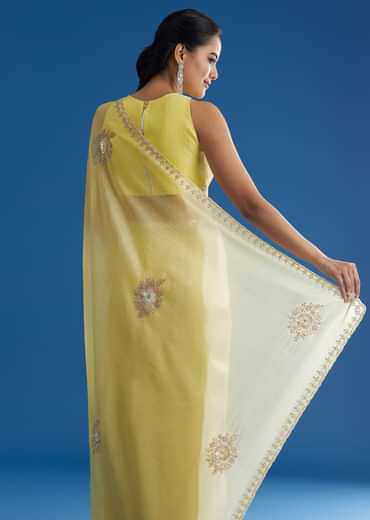 Lemon Yellow Crushed Tissue Saree With Embroidered Scallop Border