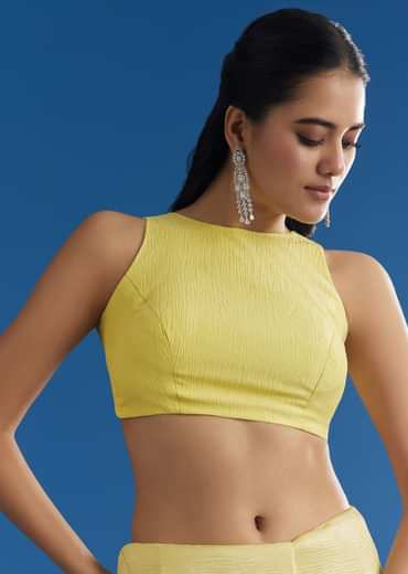 Lemon Yellow Crushed Tissue Saree With Embroidered Scallop Border
