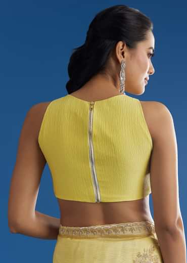 Lemon Yellow Crushed Tissue Saree With Embroidered Scallop Border