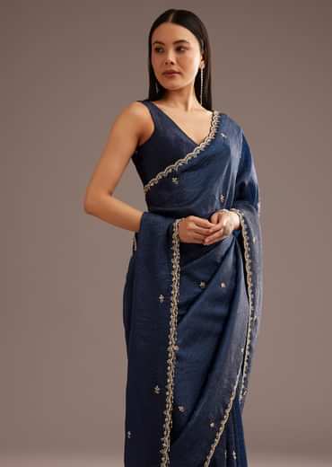 Blue Tissue Saree With Cutdana Scallop Border