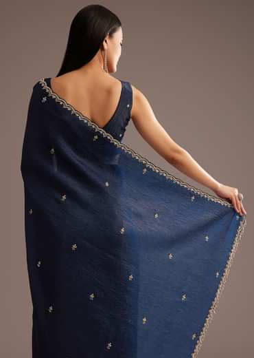 Blue Tissue Saree With Cutdana Scallop Border