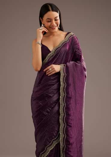 Wine Crushed Tissue Silk Cutdana Scallop Bordered Saree