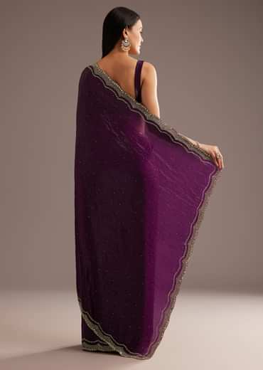 Wine Crushed Tissue Silk Cutdana Scallop Bordered Saree