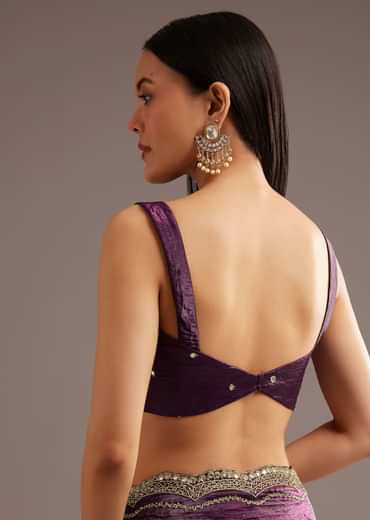 Wine Crushed Tissue Silk Cutdana Scallop Bordered Saree
