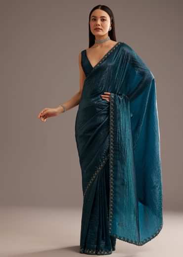 Blue Crushed Tissue Silk Saree With Cutdana Scallop Border