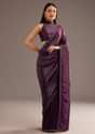 Wine Crushed Tissue Silk Saree With Cutdana Scallop Border