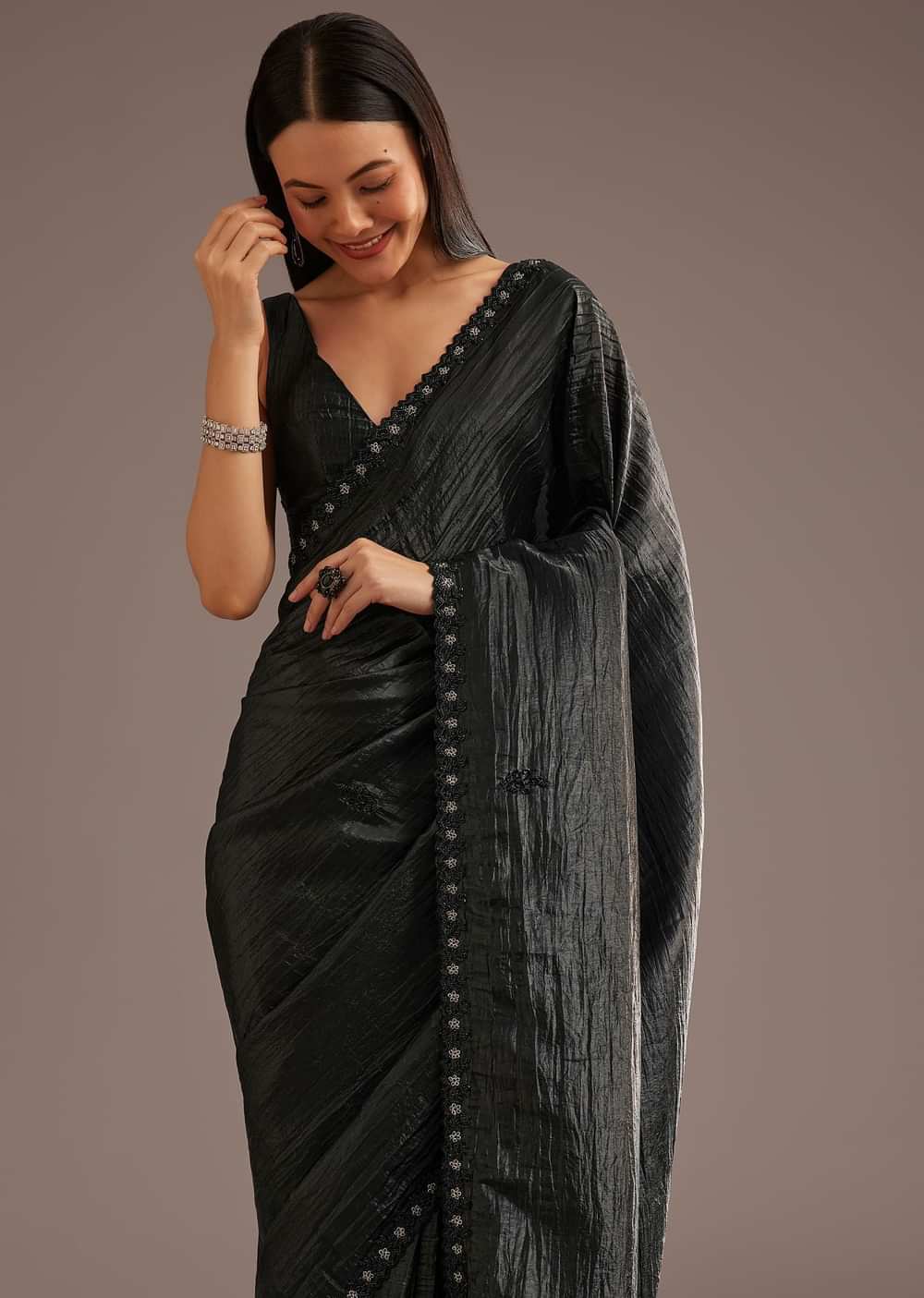 Crushed Tissue Silk Saree With Cutdana Scallop Border