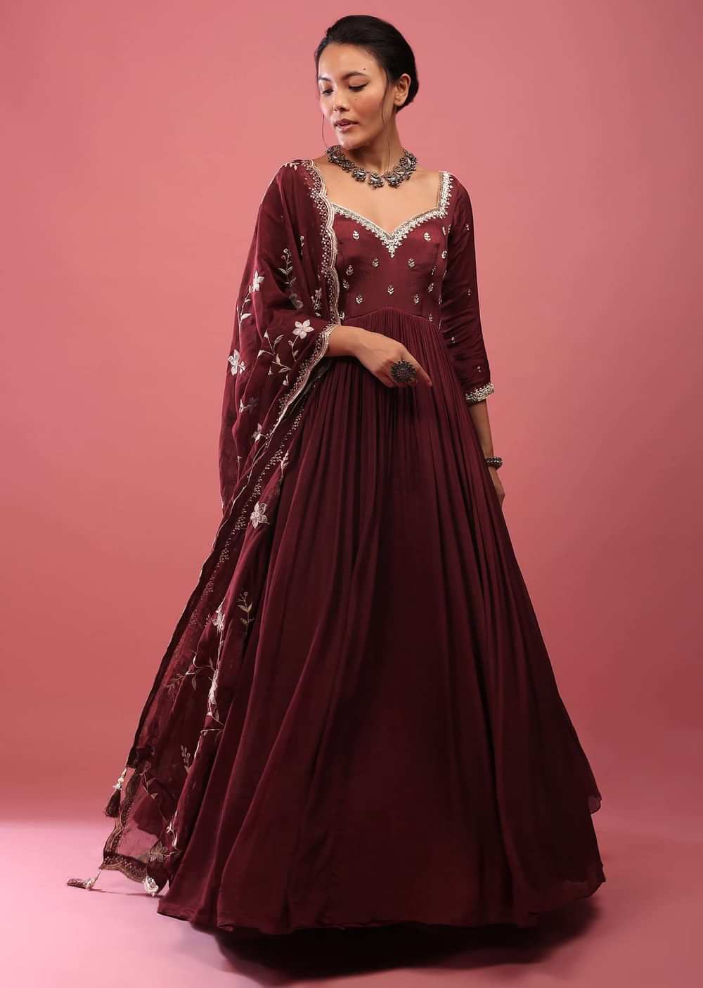 Blood Red Anarkali Suit In Chinon With Queen Style Embroidered Bodice In Zardosi Work