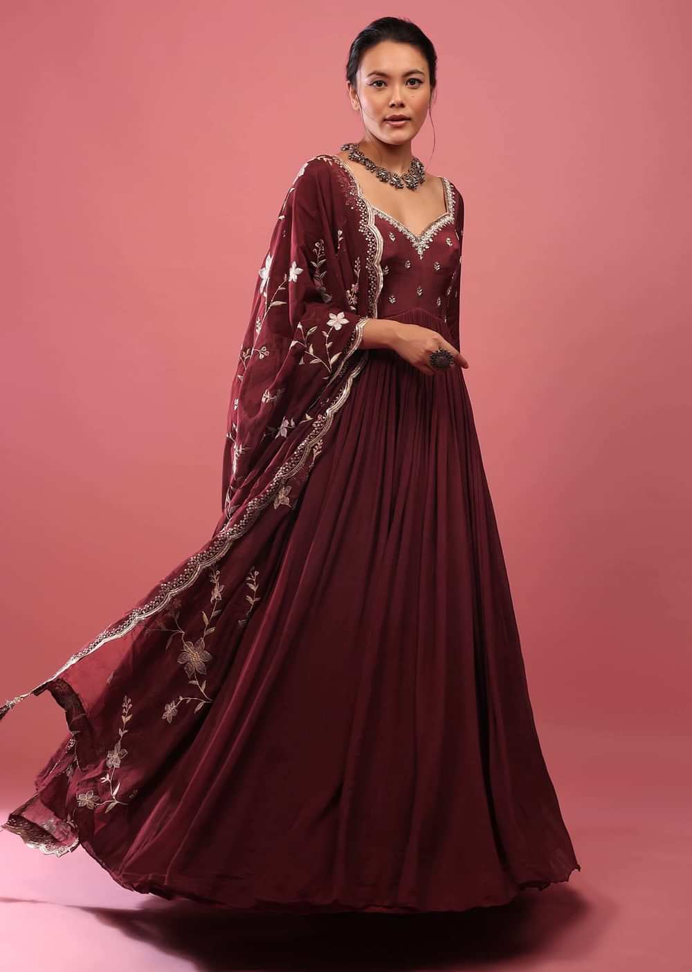 Blood Red Anarkali Suit In Chinon With Queen Style Embroidered Bodice In Zardosi Work
