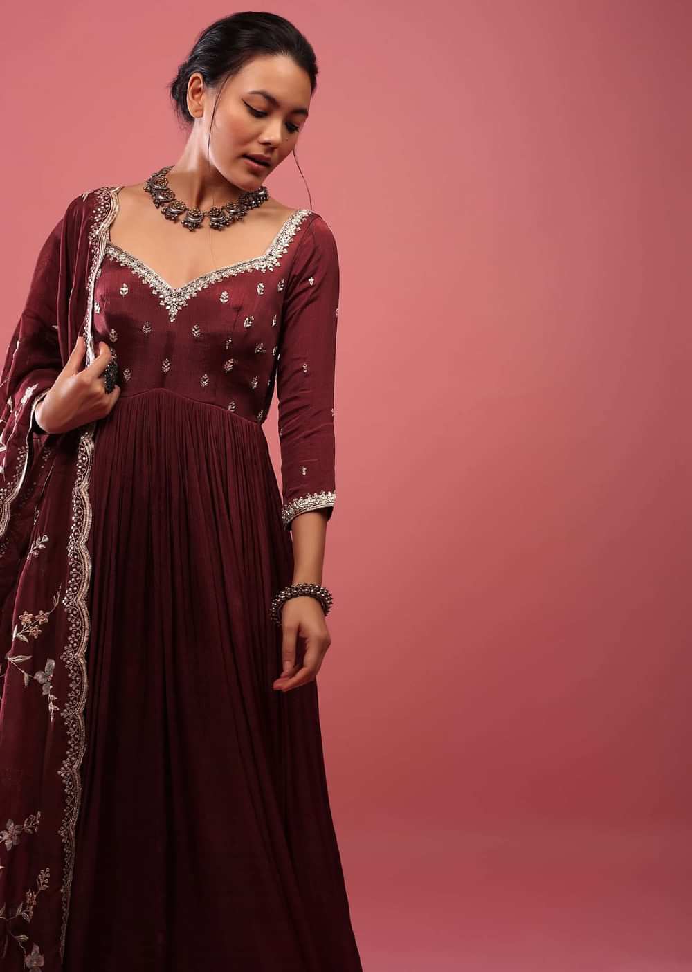 Blood Red Anarkali Suit In Chinon With Queen Style Embroidered Bodice In Zardosi Work