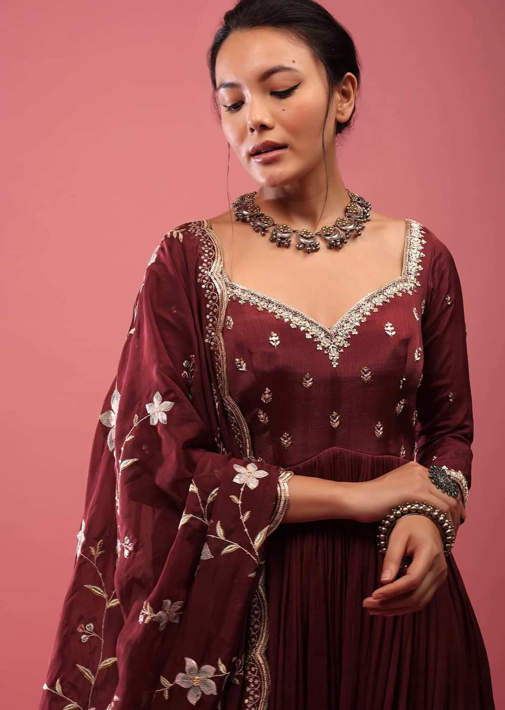 Blood Red Anarkali Suit In Chinon With Queen Style Embroidered Bodice In Zardosi Work