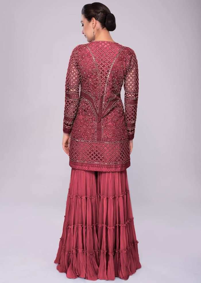 Currant Red Sharara Suit In Embroidered Net With Self Resham Jaal Embroidery Online - Kalki Fashion