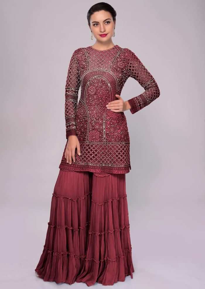 Currant Red Sharara Suit In Embroidered Net With Self Resham Jaal Embroidery Online - Kalki Fashion