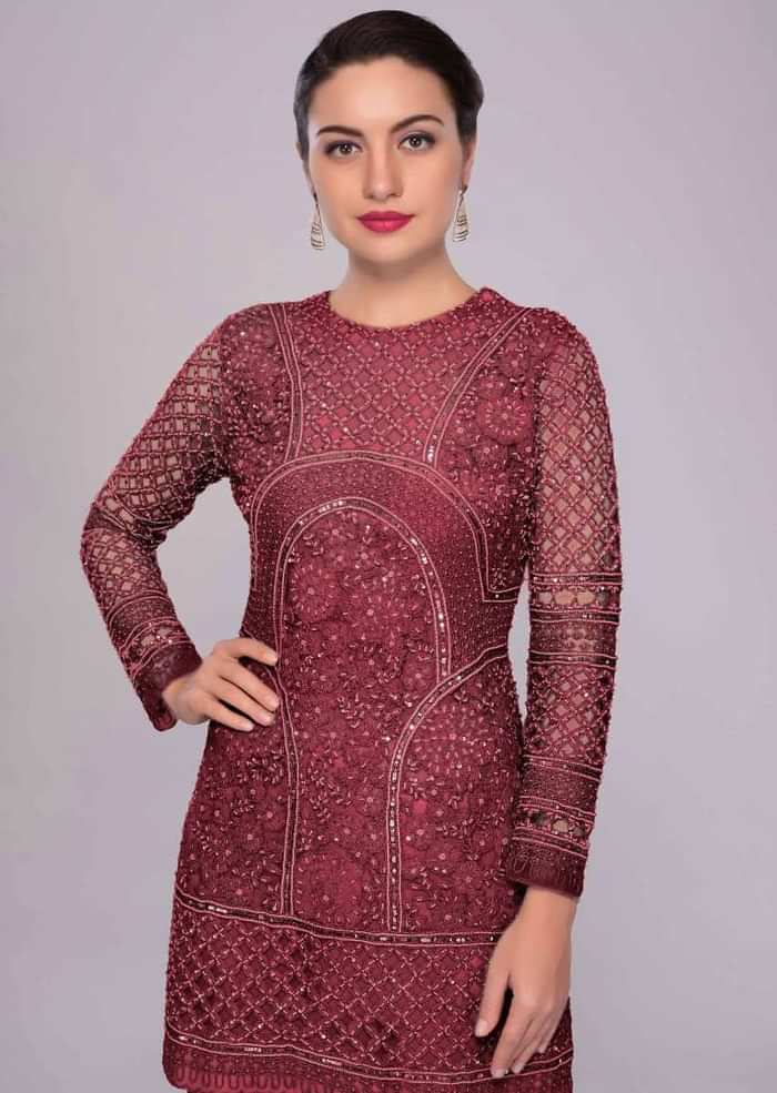 Currant Red Sharara Suit In Embroidered Net With Self Resham Jaal Embroidery Online - Kalki Fashion