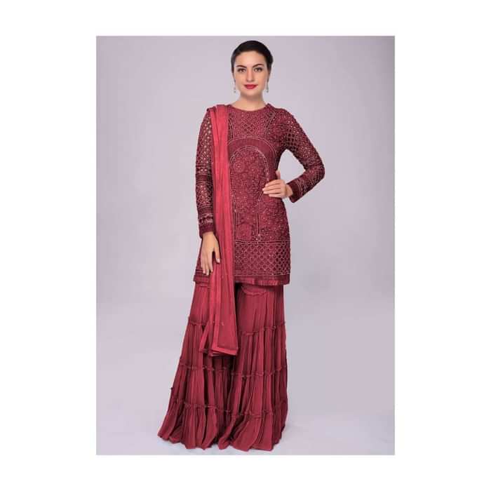 Currant Red Sharara Suit In Embroidered Net With Self Resham Jaal Embroidery Online - Kalki Fashion