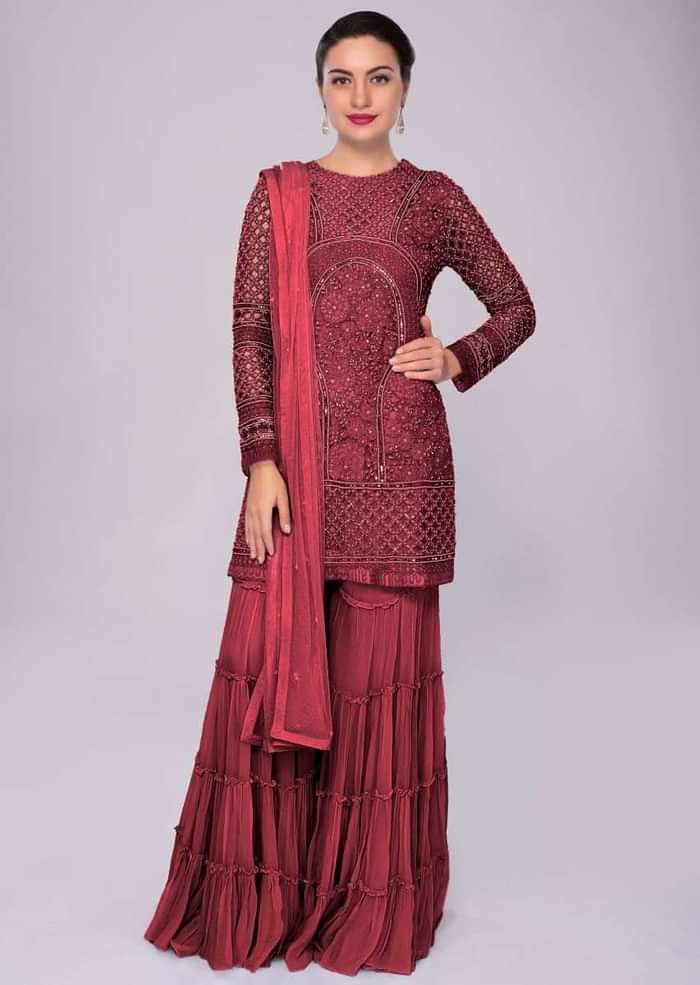 Currant Red Sharara Suit In Embroidered Net With Self Resham Jaal Embroidery Online - Kalki Fashion