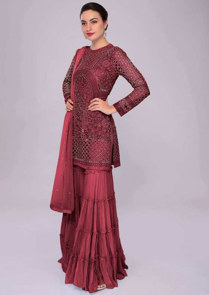Currant Red Sharara Suit In Embroidered Net With Self Resham Jaal Embroidery Online - Kalki Fashion