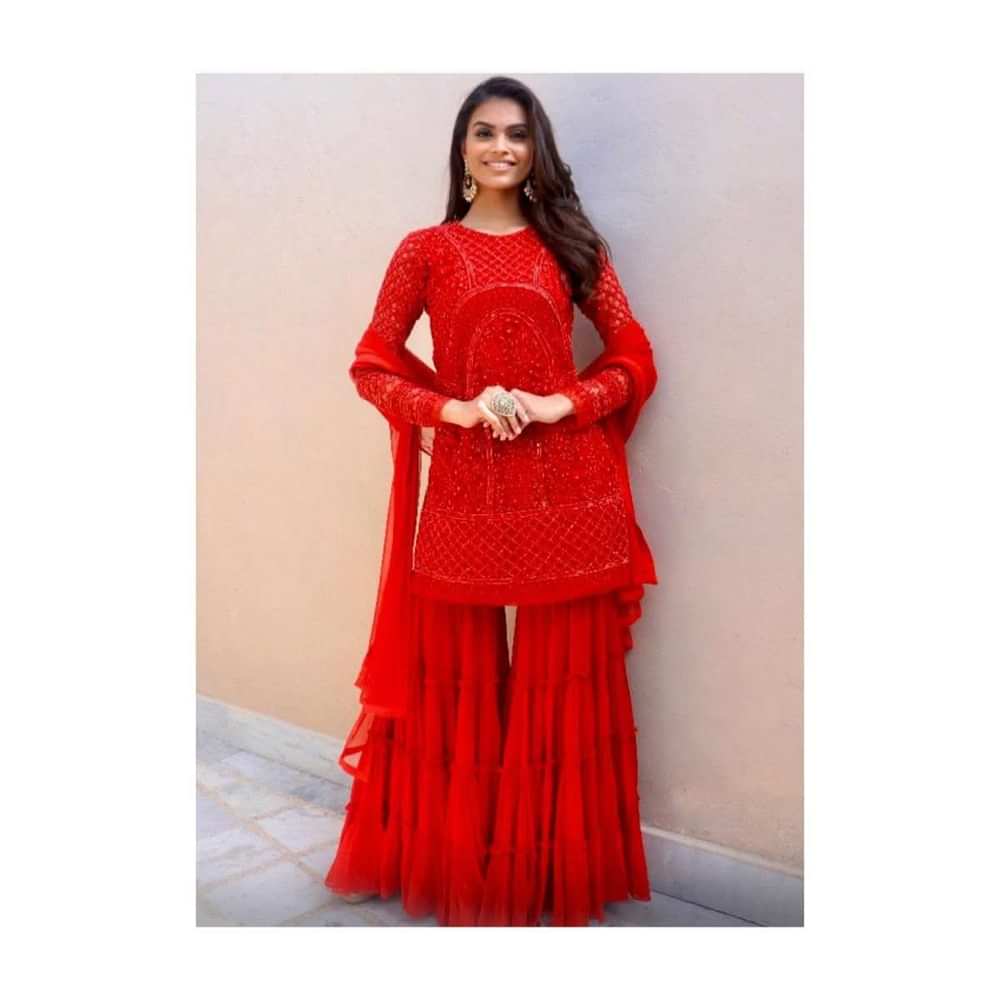 Currant Red Sharara Suit In Embroidered Net With Self Resham Jaal Embroidery Online - Kalki Fashion
