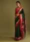 Cypress Green Saree In Tussar Silk With Gold And Red Woven Border And Striped Pallu Design