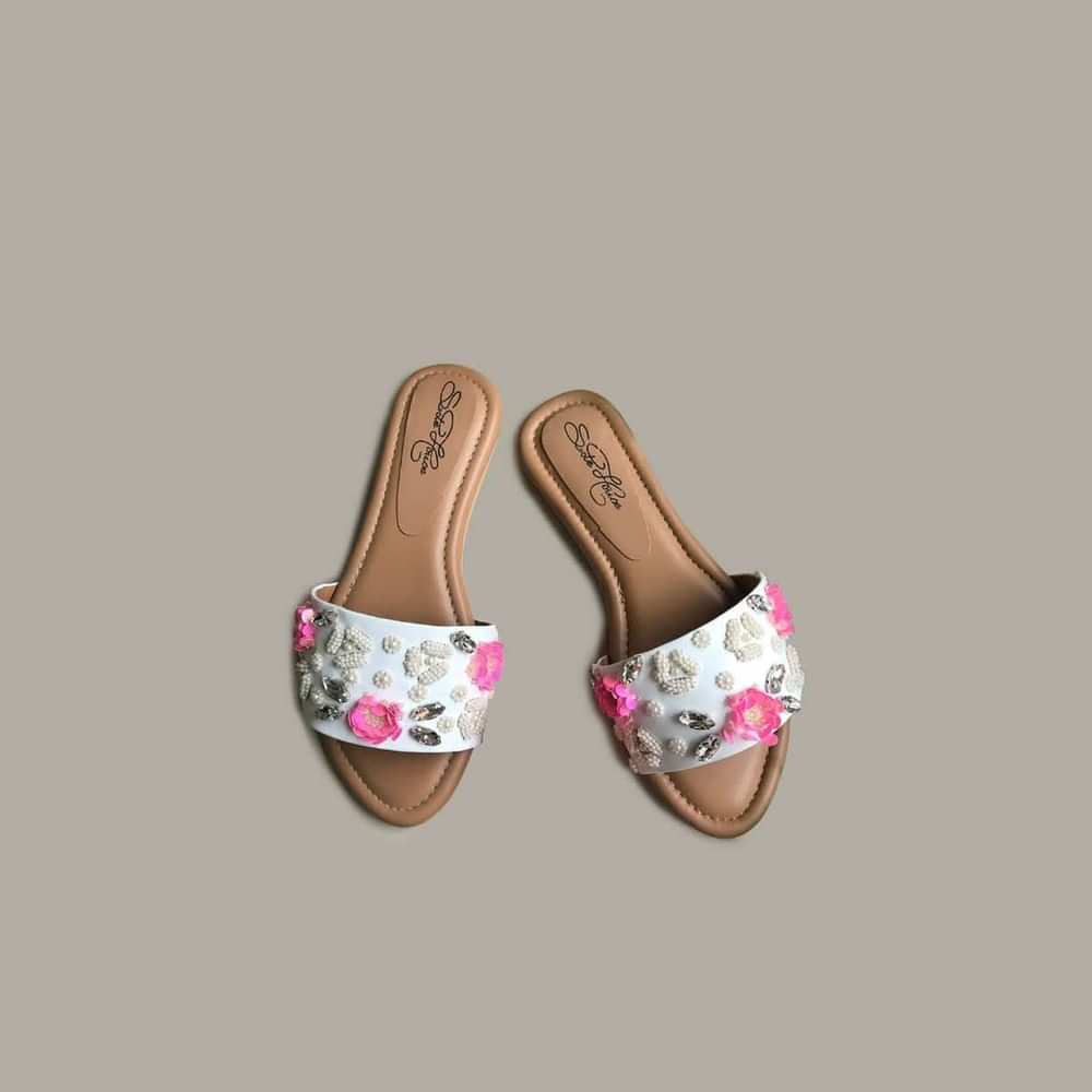 White Slider Flats With Pink Sequin Flowers, Beads And Rhinestone Detailing By Sole House