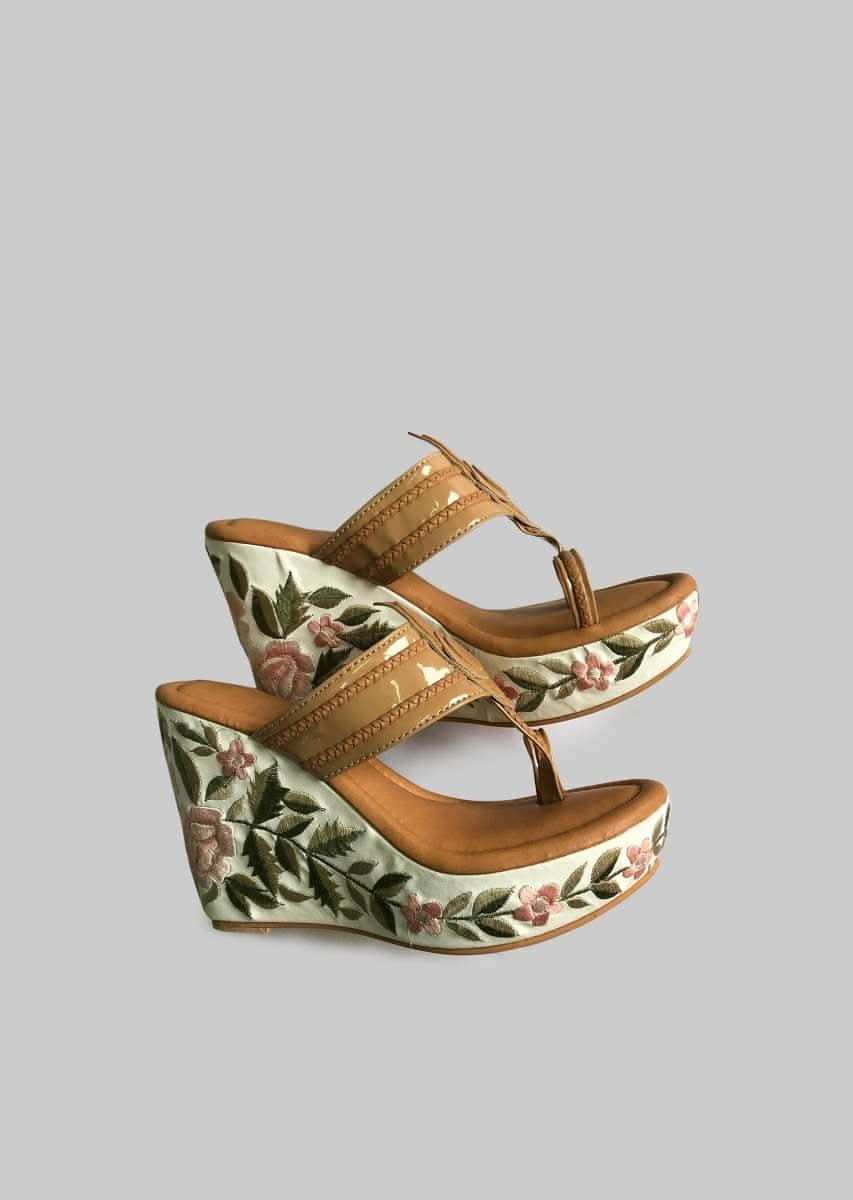 Nude Designer Kolhapuris With Resham Embroidered Floral Design On The Wedge Heel By Soul House