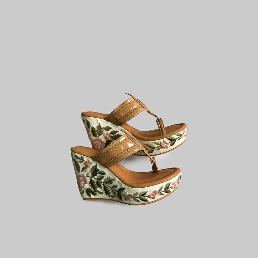 Nude Designer Kolhapuris With Resham Embroidered Floral Design On The Wedge Heel By Soul House