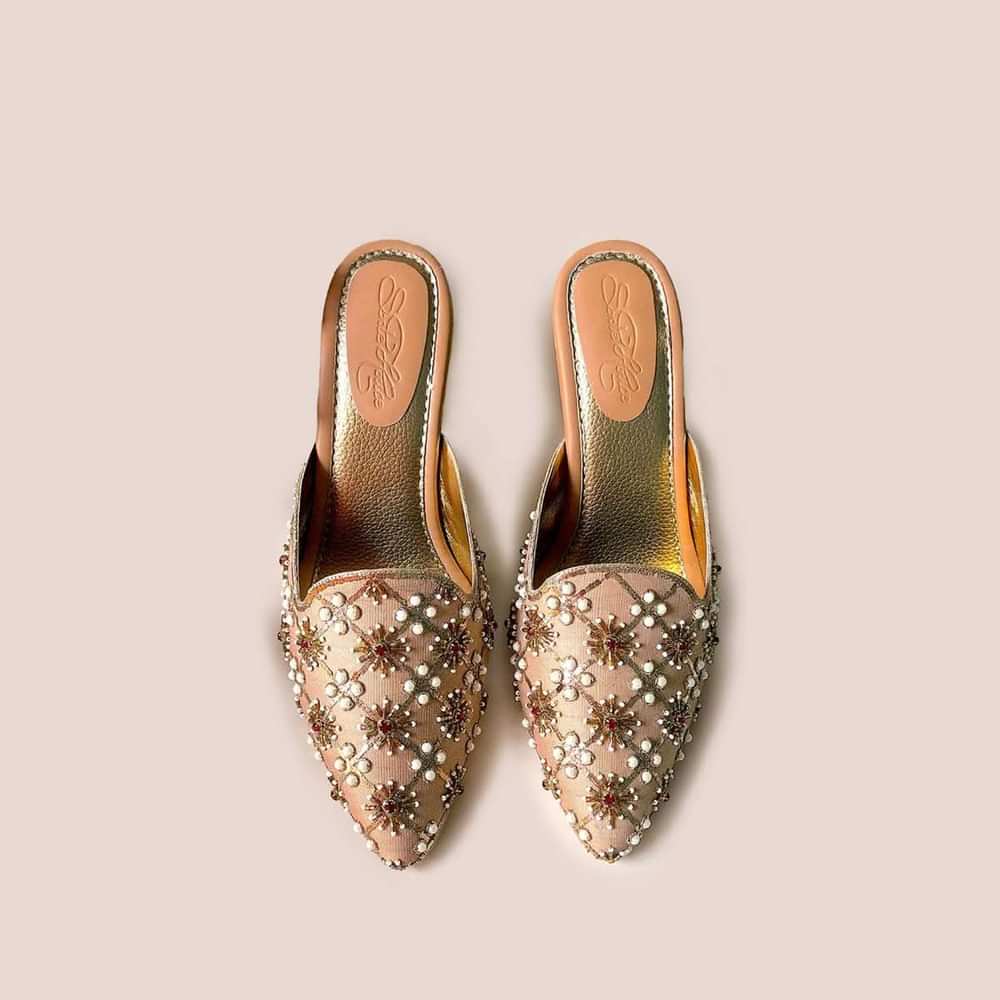 Gold Mules With Nakshi Embroidery And 3 Inch Block Heel By Sole House