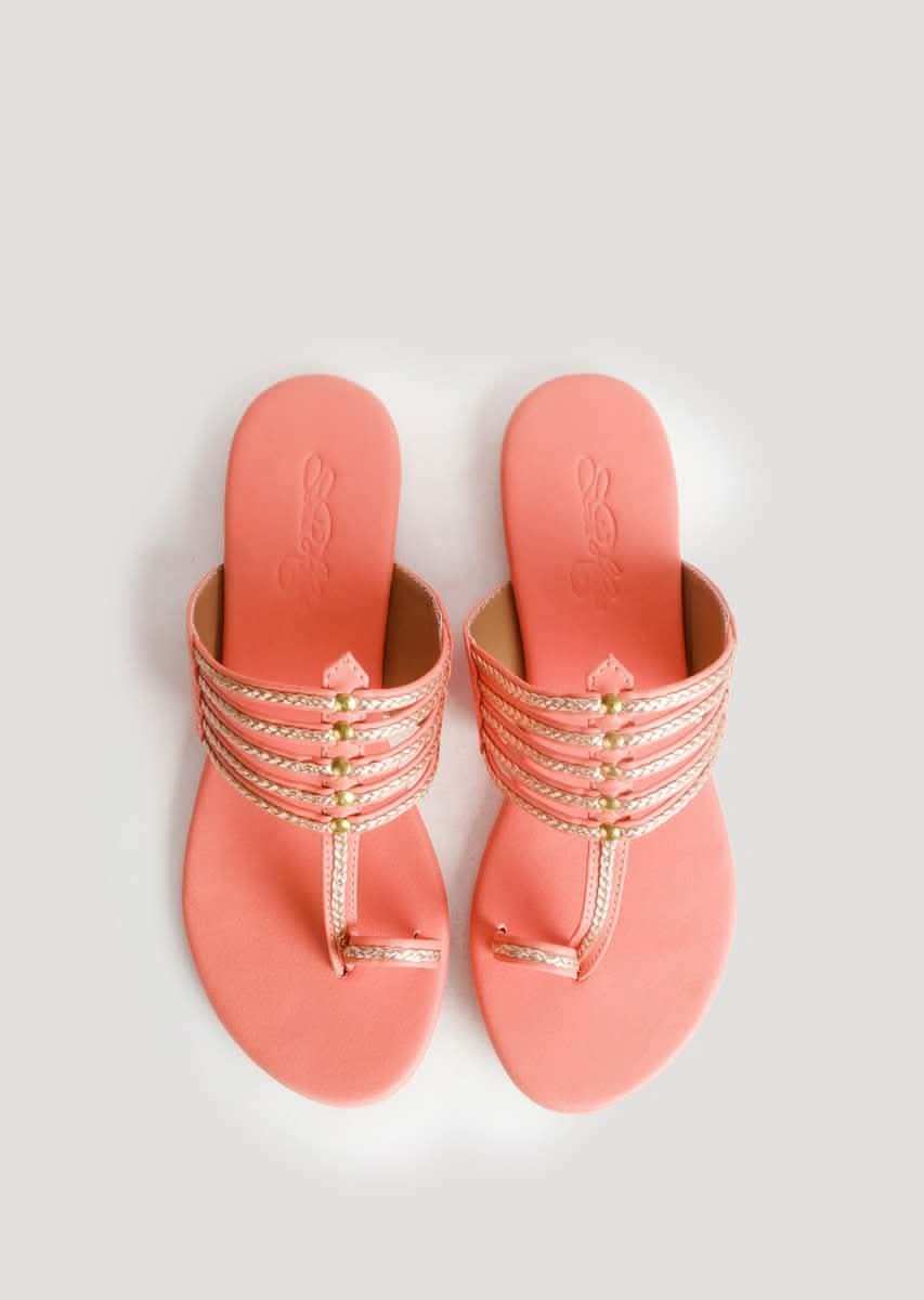 Peach Kolhapuri With Gold Braiding And Gold Rivers By Sole House