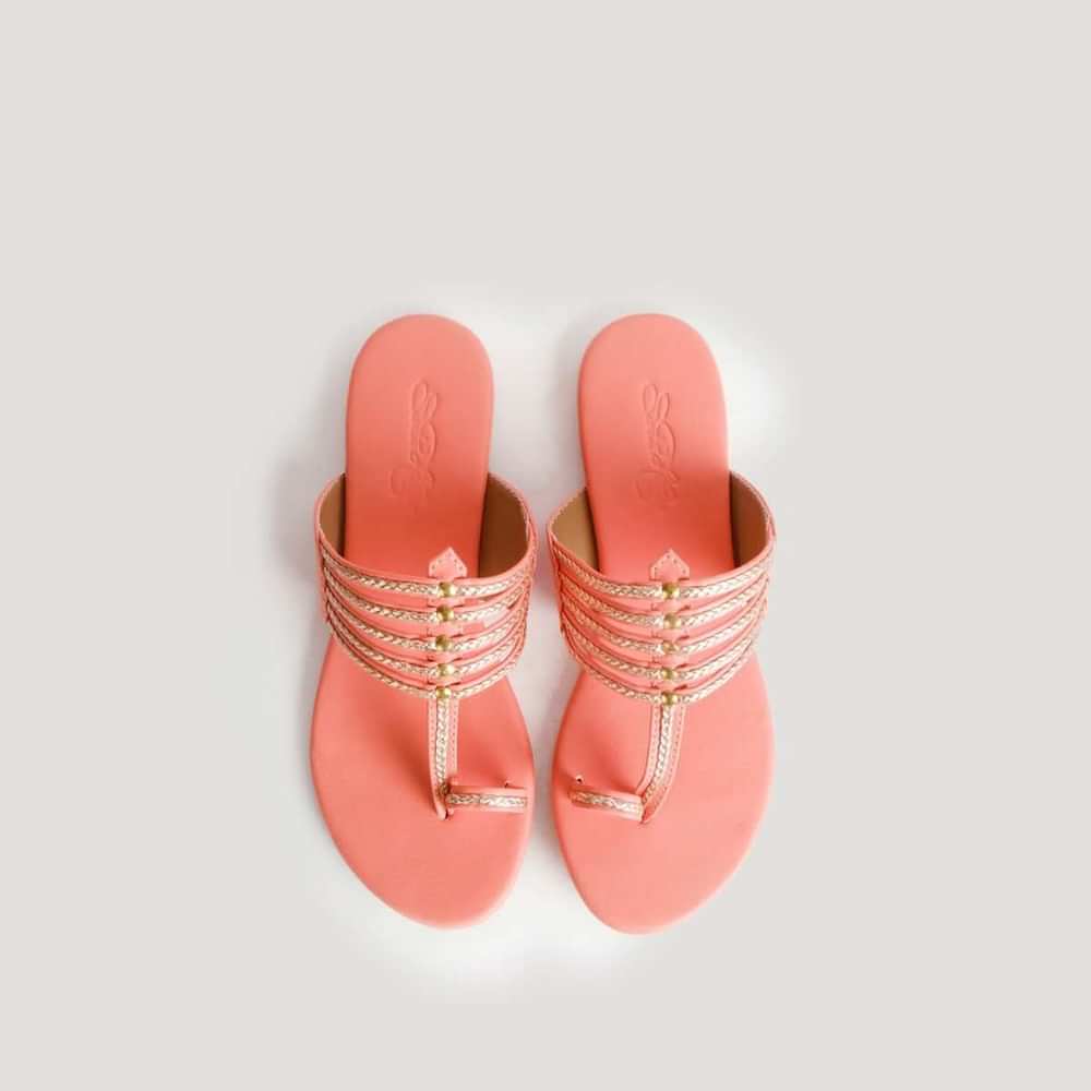 Peach Kolhapuri With Gold Braiding And Gold Rivers By Sole House