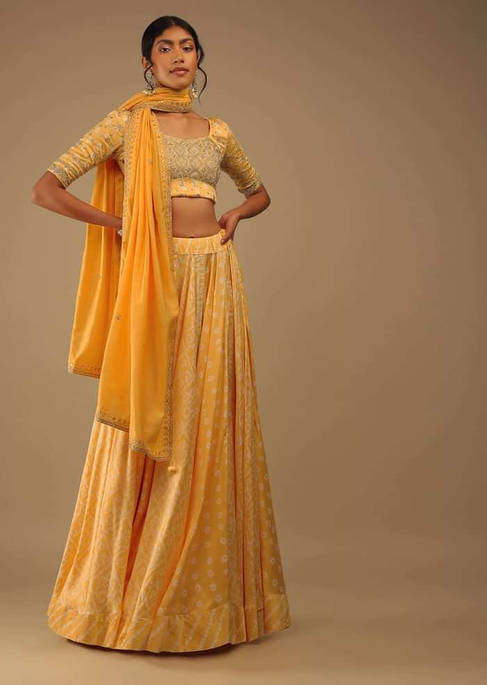 Daffodil Yellow Lehenga With Choli Set In Digital Bandhani Print, Choli Comes In Sequins Embroidery Buttis