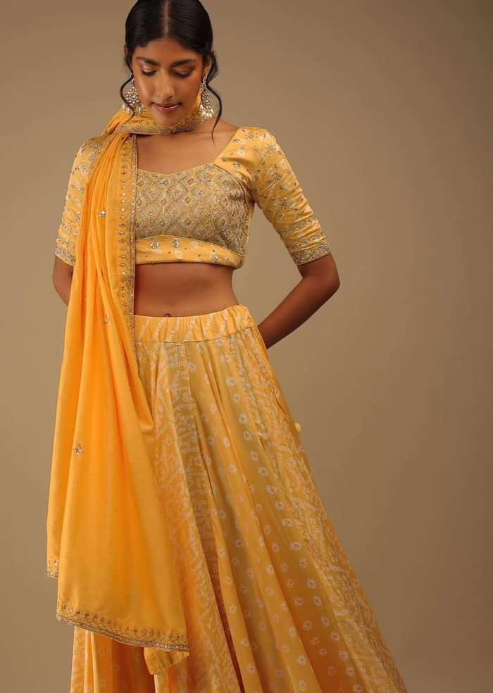 Daffodil Yellow Lehenga With Choli Set In Digital Bandhani Print, Choli Comes In Sequins Embroidery Buttis