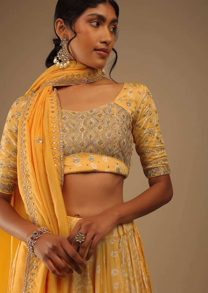 Daffodil Yellow Lehenga With Choli Set In Digital Bandhani Print, Choli Comes In Sequins Embroidery Buttis