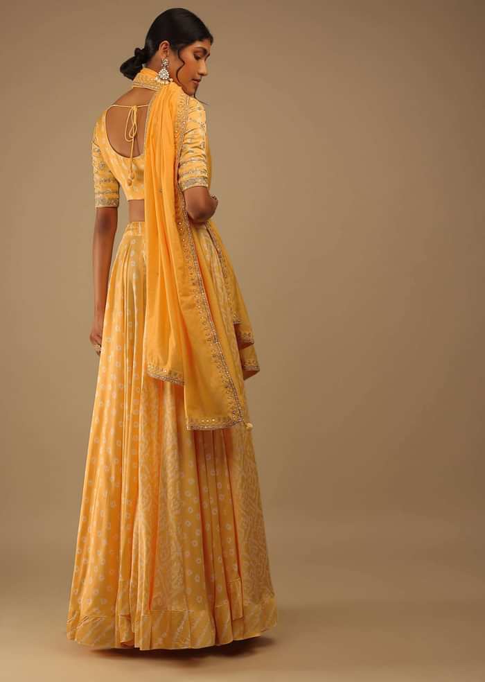 Daffodil Yellow Lehenga With Choli Set In Digital Bandhani Print, Choli Comes In Sequins Embroidery Buttis