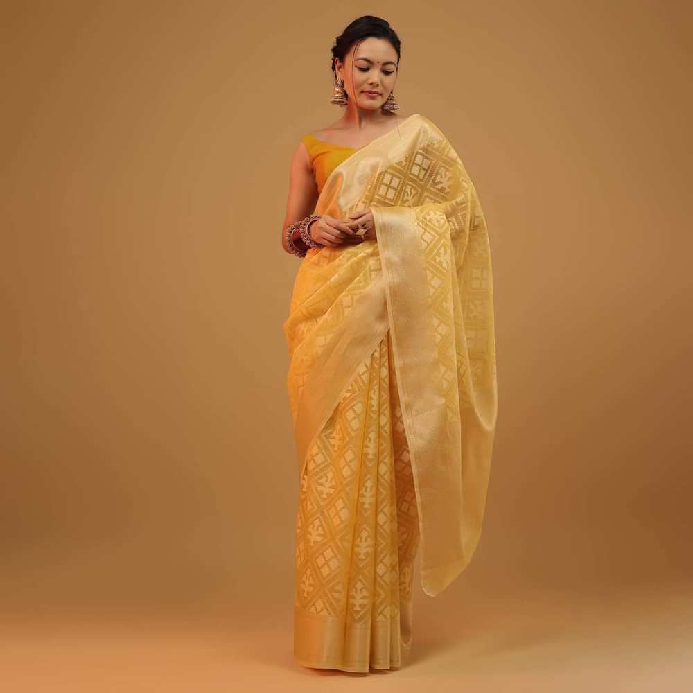 Daffodil Yellow Saree In Cotton With Woven Geometrical Patterns In Banarasi Chanderi