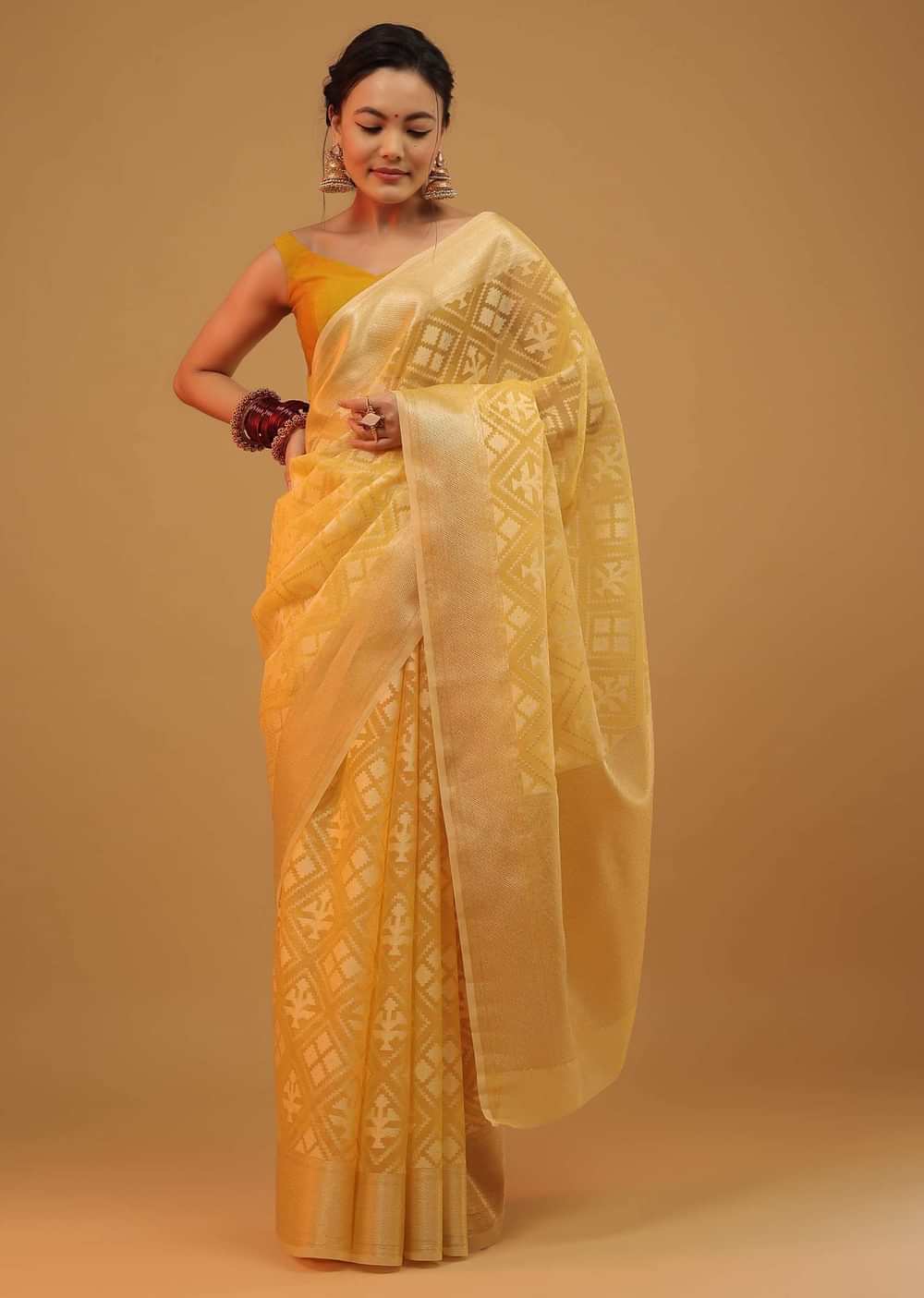 Daffodil Yellow Saree In Cotton With Woven Geometrical Patterns In Banarasi Chanderi