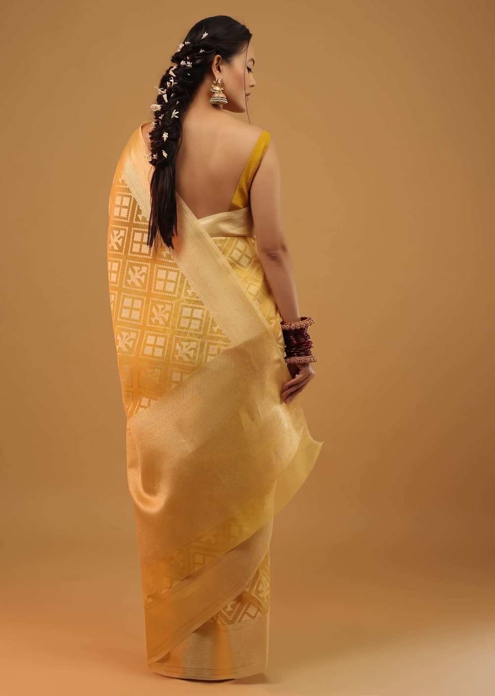 Daffodil Yellow Saree In Cotton With Woven Geometrical Patterns In Banarasi Chanderi