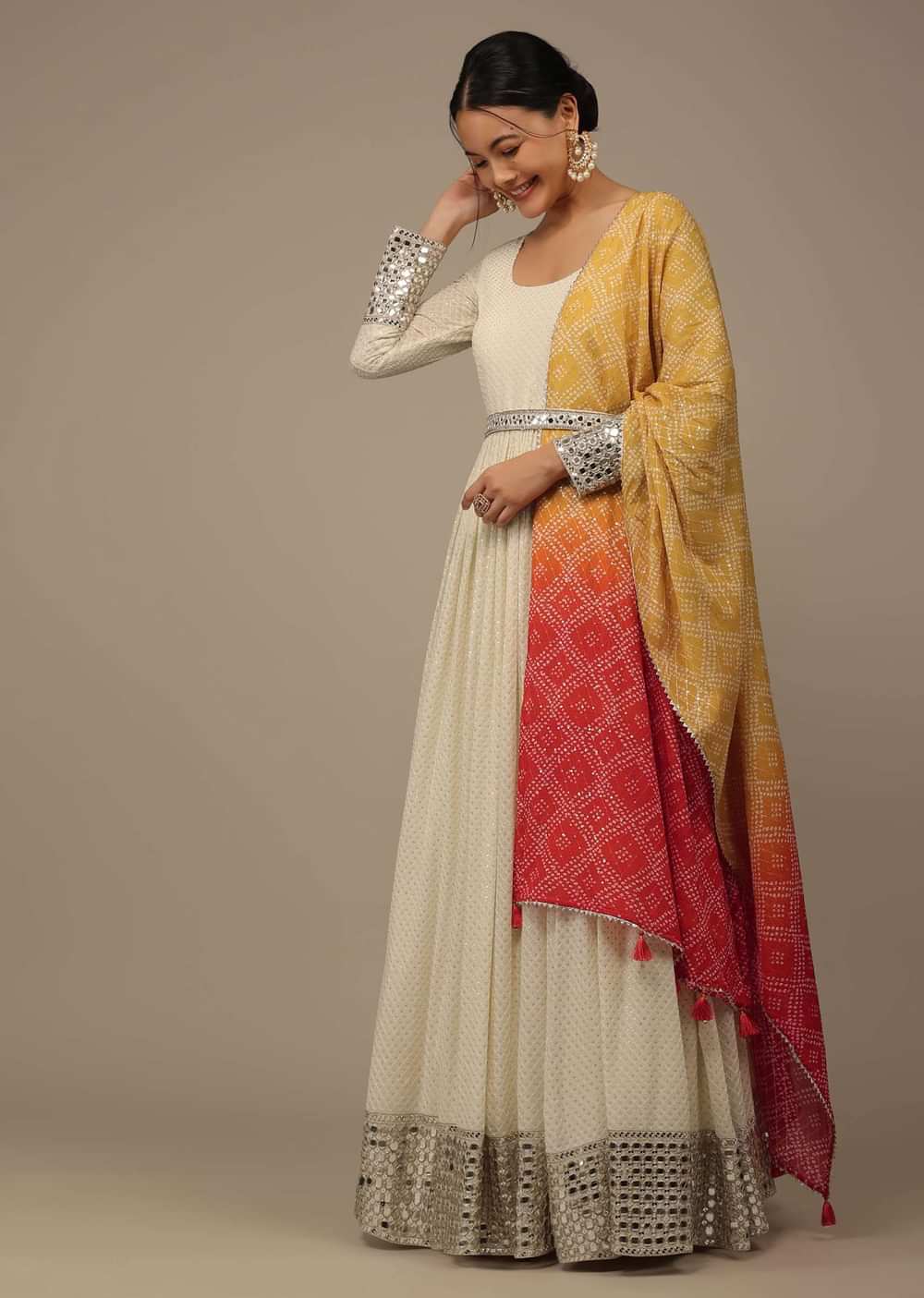 Daisy White Embroidered Anarkali Suit In Georgette With Yellow-Orange Ombre Bandhani Dupatta