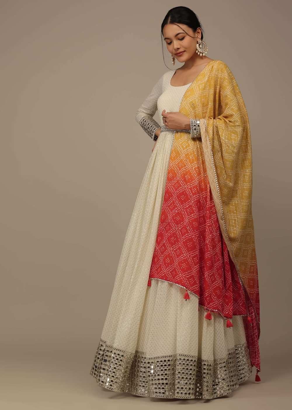 Daisy White Embroidered Anarkali Suit In Georgette With Yellow-Orange Ombre Bandhani Dupatta