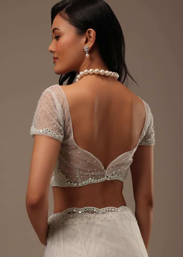 Daisy White Net Fabricated Saree With Mirror Work