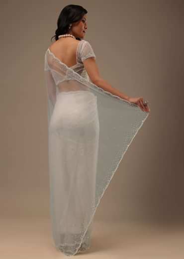 Daisy White Net Fabricated Saree With Mirror Work