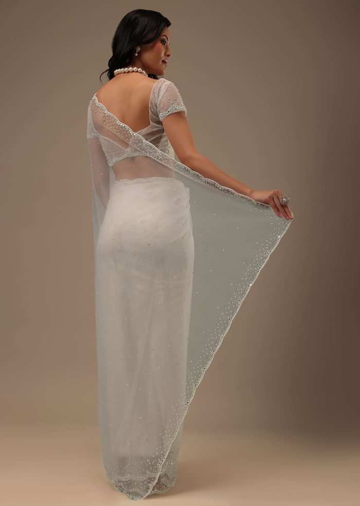 Daisy White Net Fabricated Saree With Mirror Work