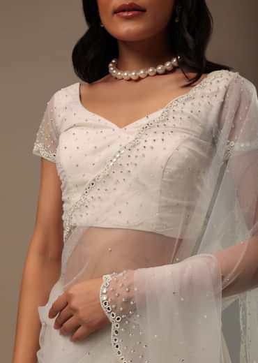 Daisy White Net Fabricated Saree With Mirror Work
